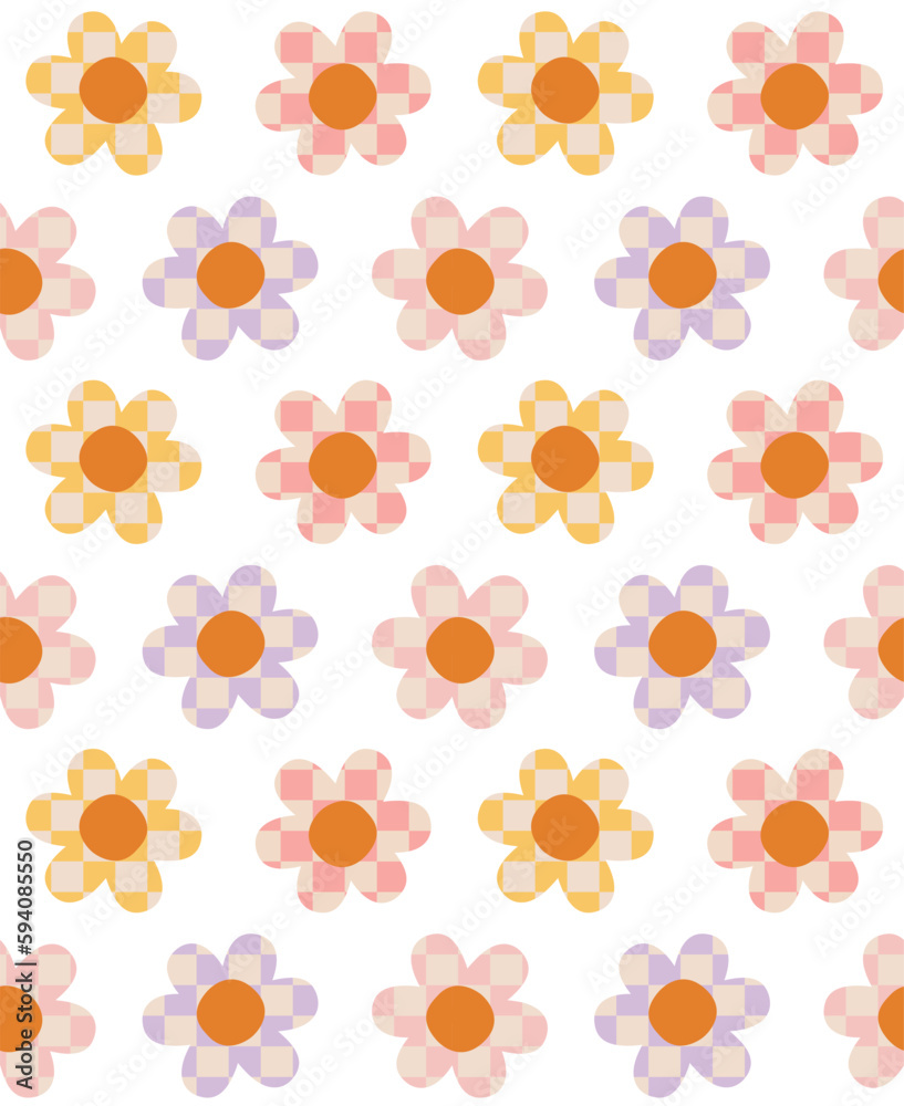 Vector seamless pattern of different color chessboard checkered texture groovy flower isolated on white background