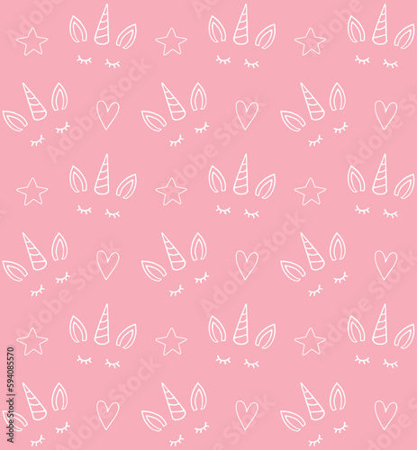 Vector seamless pattern of hand drawn sketch doodle unicorn face isolated on pink background
