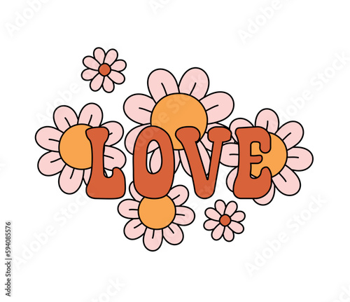 Vector retro groovy love lettering with flowers isolated on white background