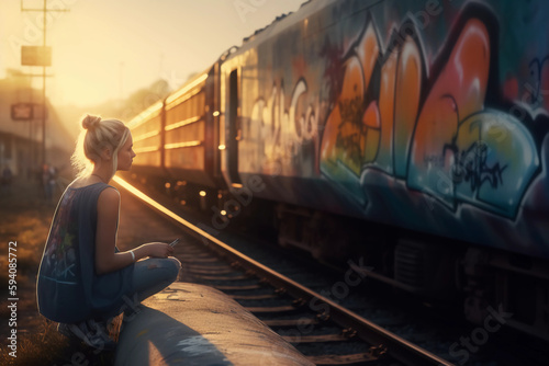 Graffiti Writer at work in the sunset at the train line photo