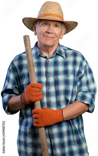 Obraz na plátně Portrait of senior man in straw hat and gloves with shovel isolated on white