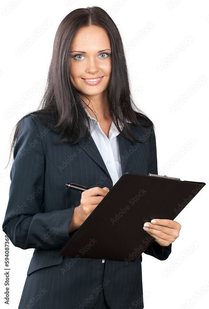 Beautiful young brunette businesswoman holding clipboard Beautiful young brunette businesswoman holding clipboard