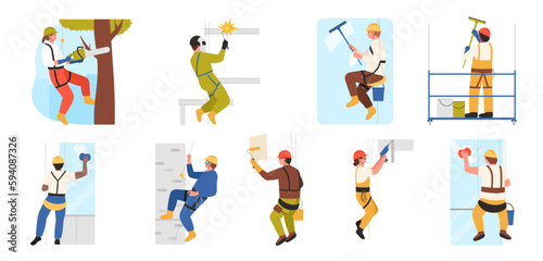 Industrial alpinists work at height set vector illustration. Cartoon isolated climbers cleaning windows, arborist hanging on rope with chainsaw, construction workers with drill and welding machine