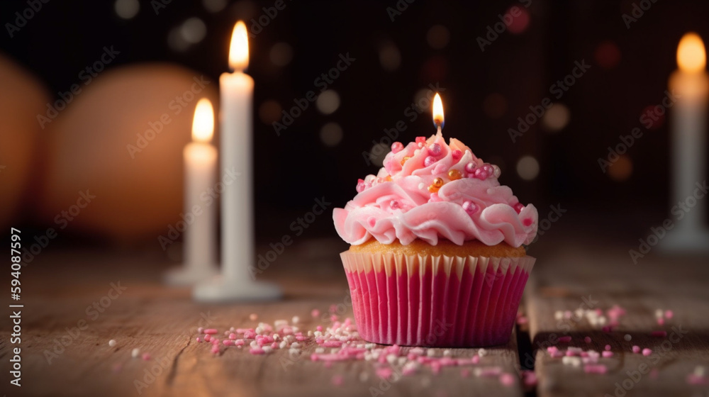 Birthday - Cupcake With Candle And Pink Decoration Generative AI Birthday - Cupcake With Candle And Pink Decoration Generative AI