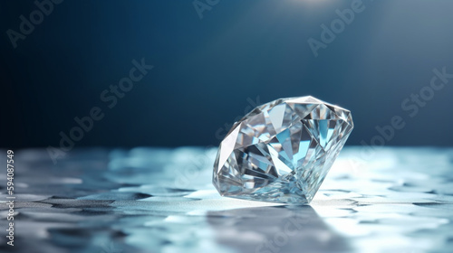 Beautiful diamond on shiny light blue background, closeup. Space for text Generative AI