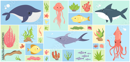 Cartoon happy wild inhabitants of ocean life or aquarium, coral reef wildlife and tropical nature collection in square collage background. Underwater sea animals and fishes set vector illustration