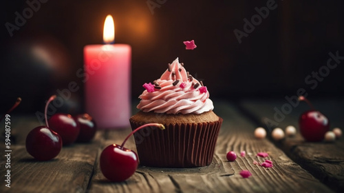 Birthday - Cupcake With Candle And Pink Decoration Generative AI