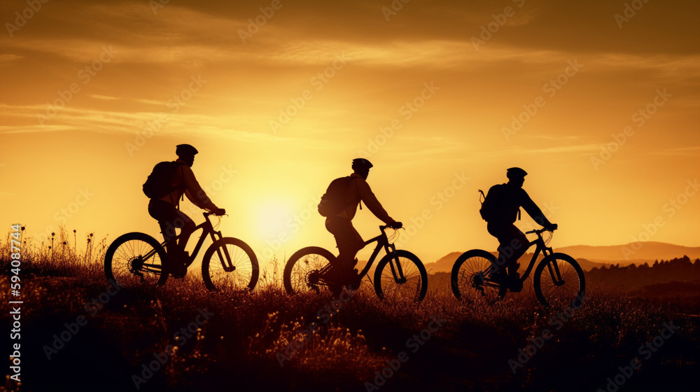 Obraz premium Escape to the Great Outdoors, Cyclists on a Sunset Road - Side View Generative AI