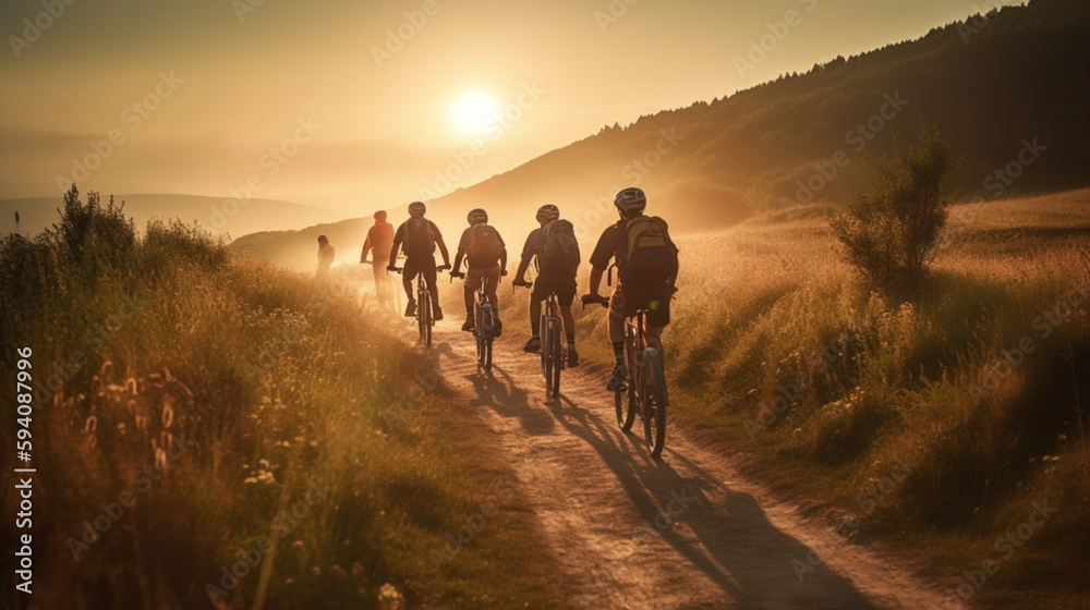 The Path to Adventure, Cyclists on a Sunset Road - Back View Generative AI