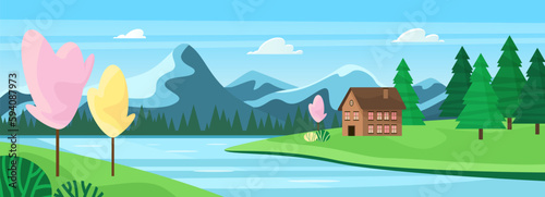 An idyllic spring scene landscape panorama with charming house surrounded by river and green fields of grass and pink sakura trees in the wonderful mountains cartoon vector illustration.