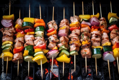 Vegetable and meat skewers sizzling on the grill. Generative AI