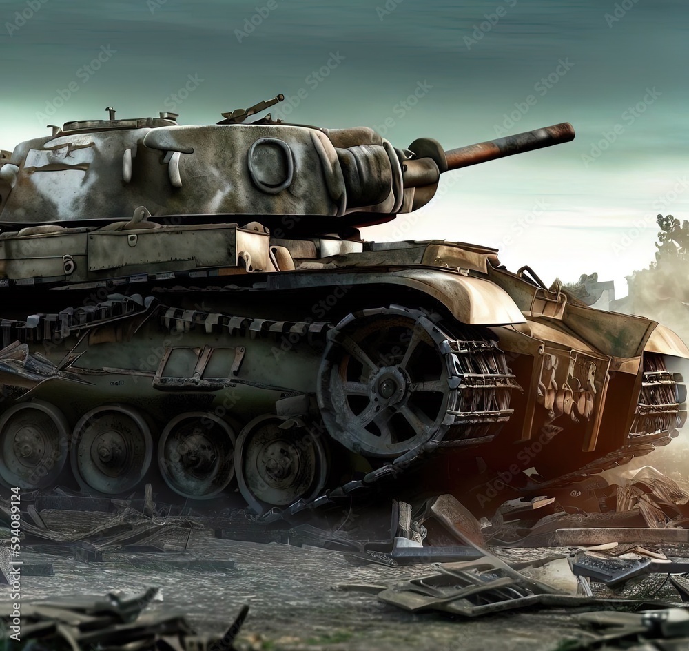Tank destroyed concept retro digital illustration Generative AI