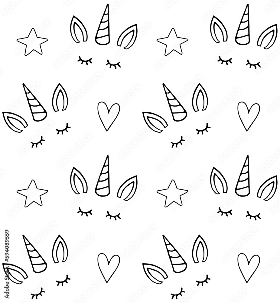 Fototapeta premium Vector seamless pattern of hand drawn sketch doodle unicorn face isolated on white background