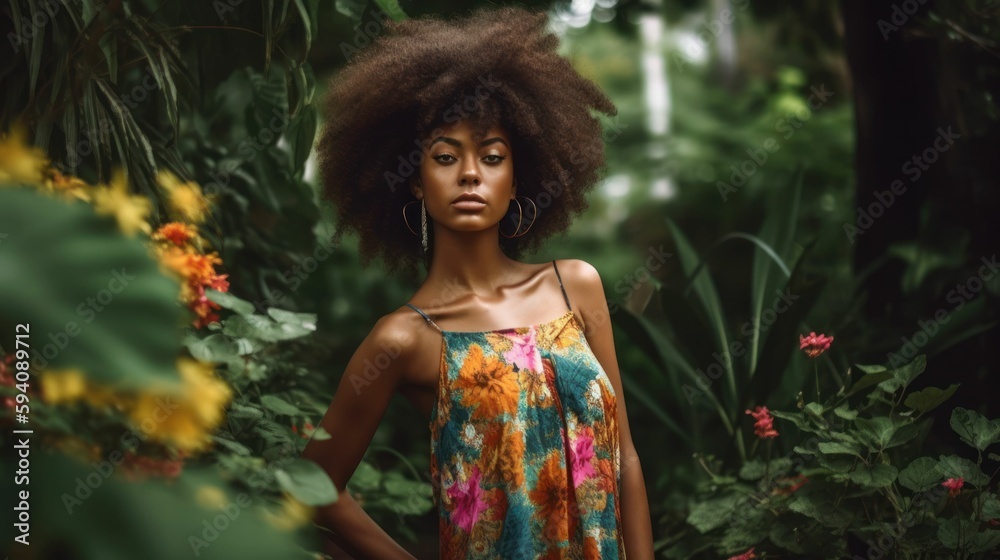 Portrait of a fictional black woman model wearing a colorful sundress in a garden. Generative AI illustration. Portrait of a fictional black woman model wearing a colorful sundress in a garden. Generative AI illustration.