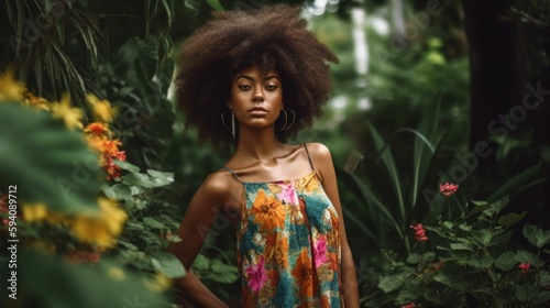Portrait of a fictional black woman model wearing a colorful sundress in a garden. Generative AI illustration.