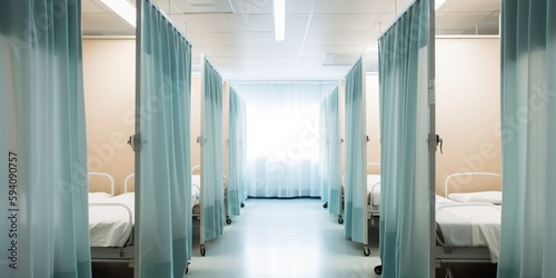 A row of pristine hospital beds and privacy curtains  contrasted against a calming background  concept of Medical environment  created with Generative AI technology