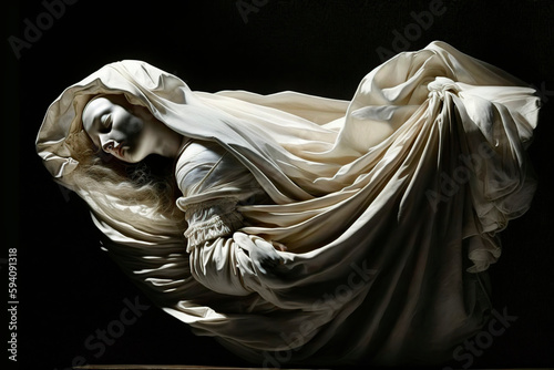 image created with artificial intelligence of a marble statue representing a woman in chiffon clothes
