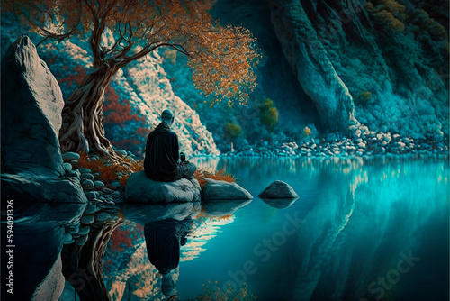 person in the cave, illustration of a person meditating on some rocks on a lake in an idyllic landscape, image created with ia