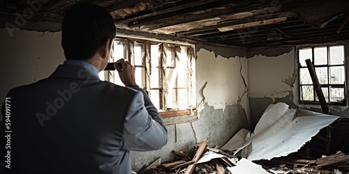 insurance adjuster inspecting a damaged property, set against a professional, investigative background, concept of Forensic examination, created with Generative AI technology photo