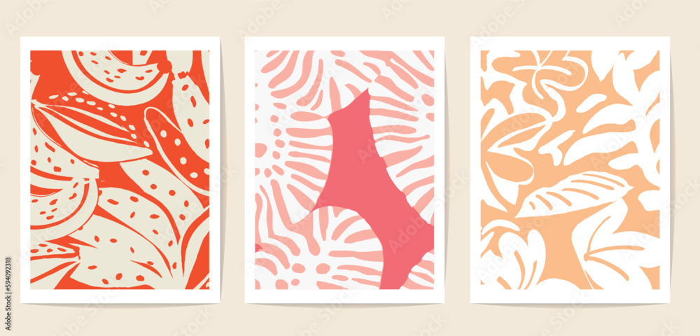 set of three postcards with natural abstract motifs drawn by freehand brush. perfect contemporary element for decoration