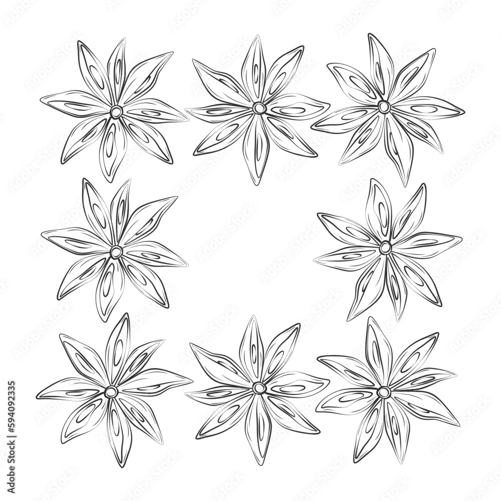 Abstract square frame of outline drawing star anise with copyspace. Herbs And Spices Day. Isolate.