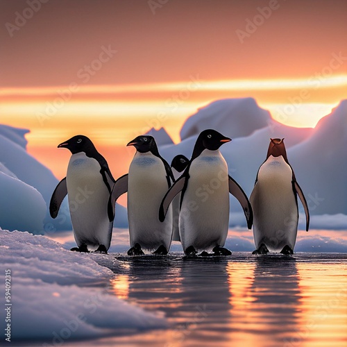Waddling into the Sunrise  A Stunning Shot of Penguins on the Icy Shores of Antarctica