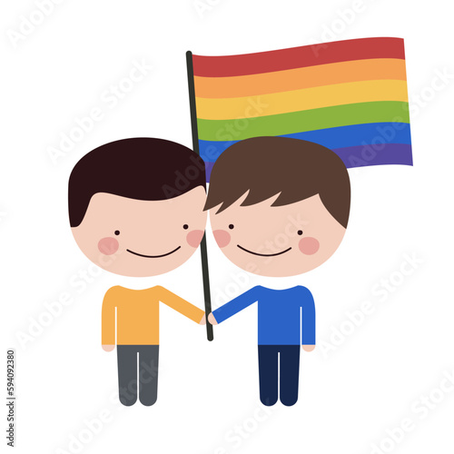 Pareja feliz de hombres homosexuales,  de la mano con la bandera LGBT de colores. En el Día internacional y mes del orgullo LGTB. Vector