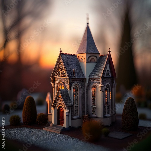 Ethereal Sunrise at a Historic Church with Intricate Architecture in a Serene Residential Neighborhood photo