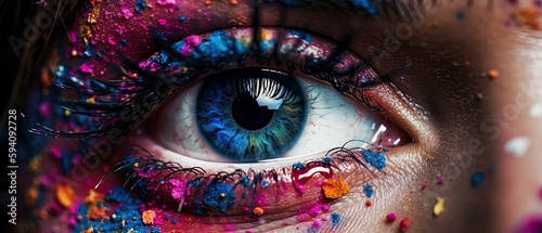 Human eye close up with colorful paint , ink splashes and drips, Generative AI 