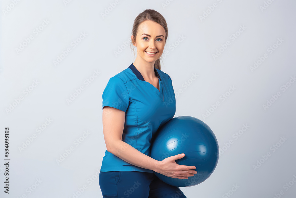 Young caucasian physio therapist smiling happy holding fit ball at the clinic