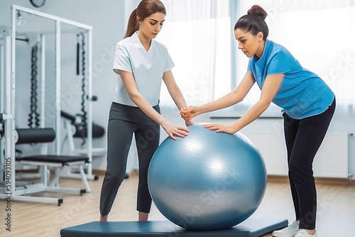 Full body shot of female physiotherapist doing exercises. Young caucasian physio therapist holding yoga ball at the clinic.