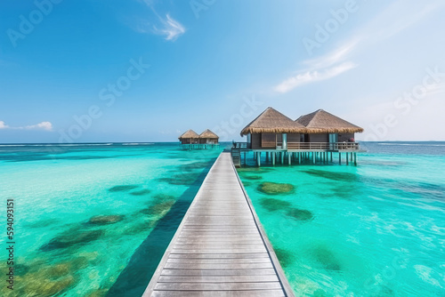 Villas on the tropical beach with steps into water. Beautiful beach with clear blue water and sunny water bungalows. Generative AI. © VisualProduction