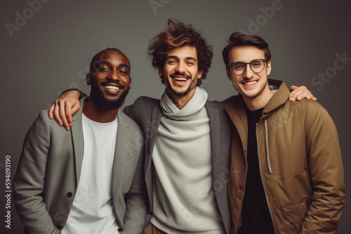 Three fun loving smiling cheerful multiethnic males posing in studio against dark background. Generative AI.