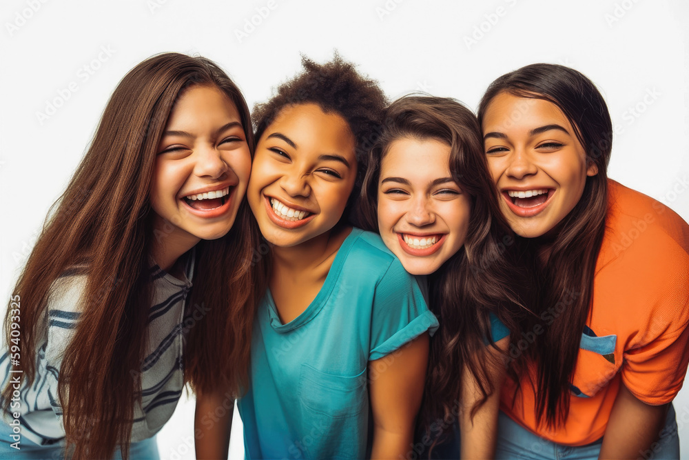 Four fun loving playful smiling multiethnic teen women posing in the studio against white background. Generative AI. Four fun loving playful smiling multiethnic teen women posing in the studio against white background. Generative AI.