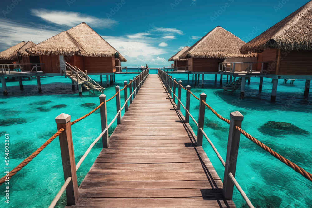 Villas on the tropical beach with steps into lagoon. Beautiful beach with clear blue water and sunny water bungalows. Generative AI.