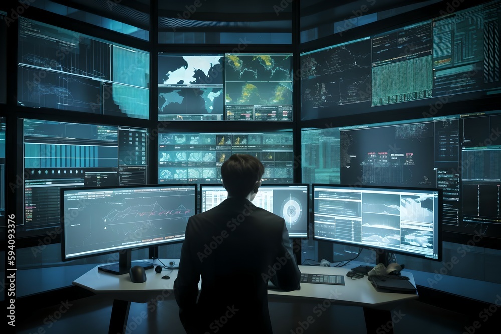 Businessmen sitting infront of multiple computer screens watching the market, technology, business, Generative AI Businessmen sitting infront of multiple computer screens watching the market, technology, business, Generative AI