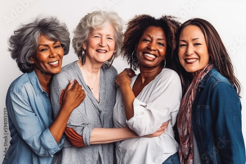 Four fun loving playful smiling multiethnic older women posing in the studio against light background. Generative AI.