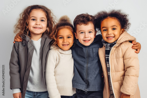 Four fun loving cheerful happy multiethnic children posing in studio. Generative AI.