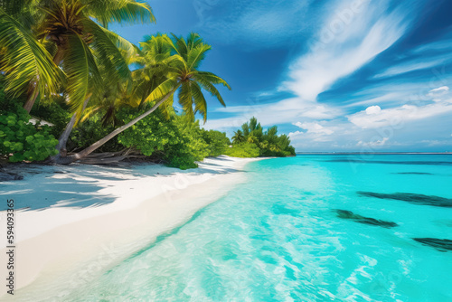 Tropical beach in the maldives. Paradise beach tropical resort with clear blue water and palm trees. Generative AI. © VisualProduction