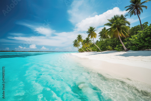 Tropical beach in the maldives. Paradise beach tropical resort with clear blue water and palm trees. Generative AI.