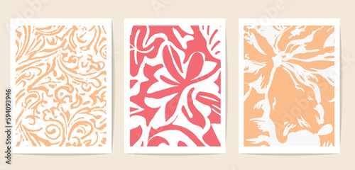 set of three postcards with natural abstract motifs drawn by freehand brush. perfect contemporary element for decoration