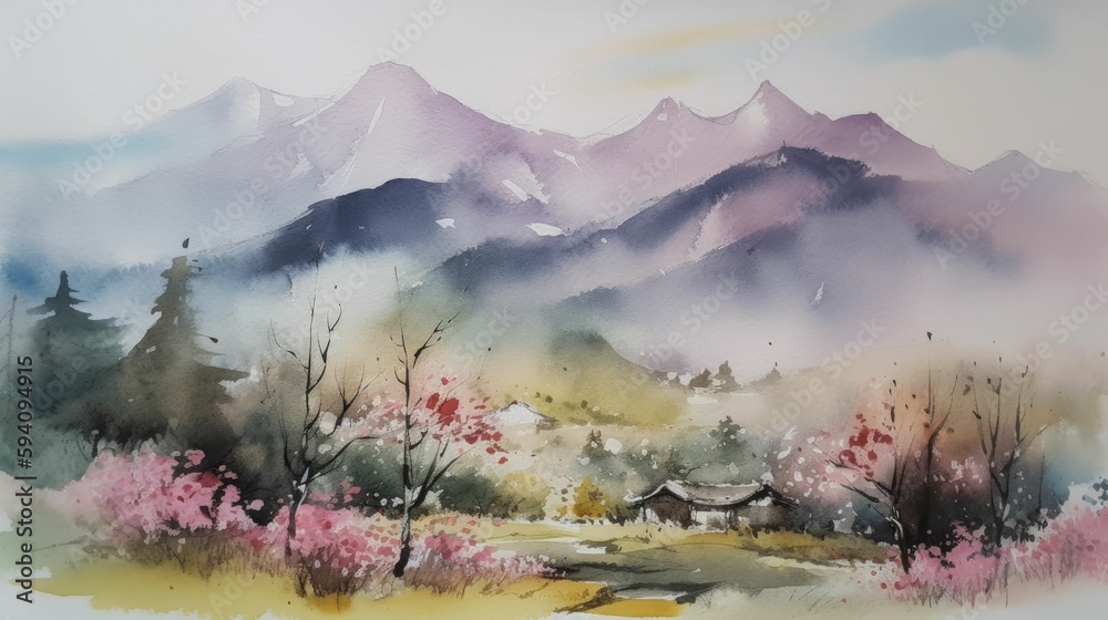 Watercolor painting of mountain scenery with pastel hues