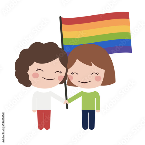 Pareja feliz de mujeres lesbianas, de la mano con la bandera LGBT de colores. En el Día internacional y mes del orgullo LGTB. Vector