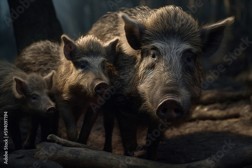 wild boar with cubs in the woods created using generative Al tools