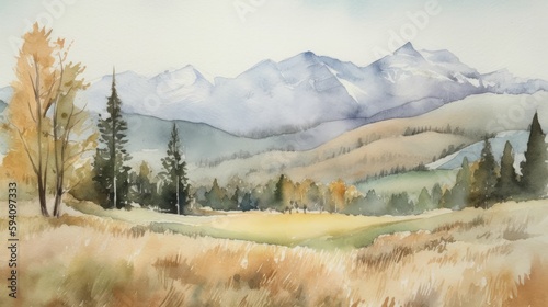 Watercolor artwork of scenic mountain range