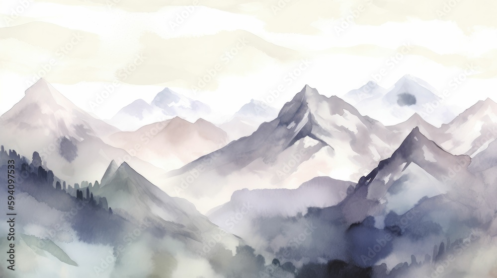 Watercolor Illustration of a Snowcapped Peaks Landscape