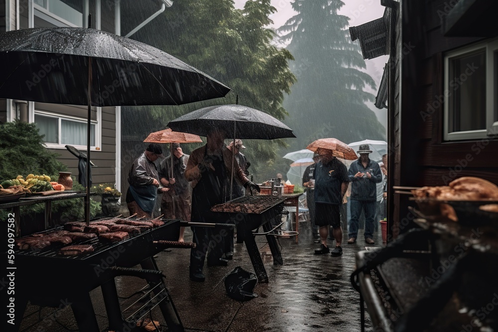 A sudden typhoon storm spoils a weekend barbecue. Ai generated.