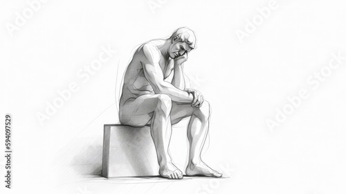 Monochrome drawing of a classical sitting sculpture