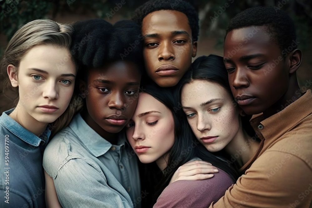 Group portrait of serene embracing multiracial young people. AI generative. Group portrait of serene embracing multiracial young people. AI generative.