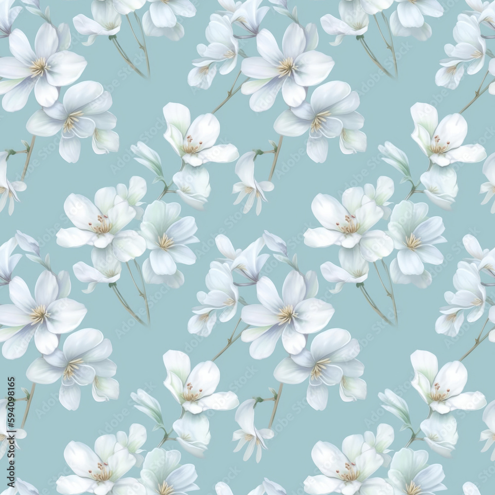White flowers on blue background seamless pattern Generative AI